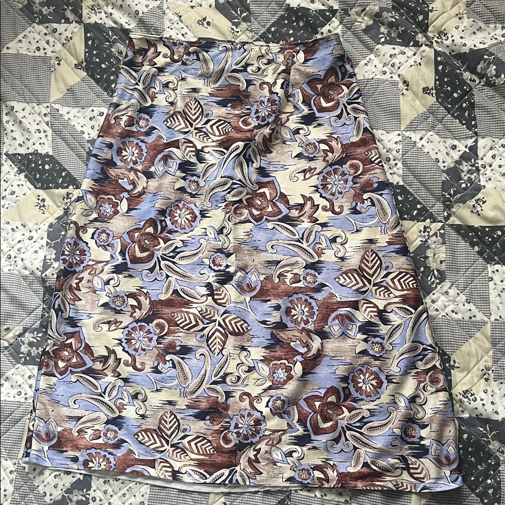 Floral A-Line Skirt in Blue, Brown & Cream